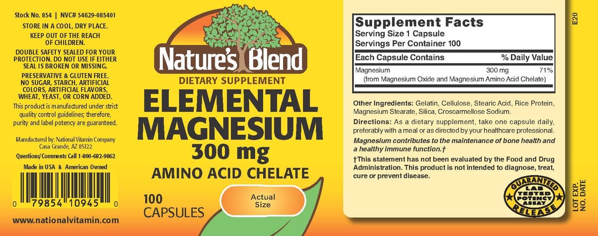 Nature's Blend Elementares Magnesium Aminosäurechelat 300 mg, 100 Kapseln