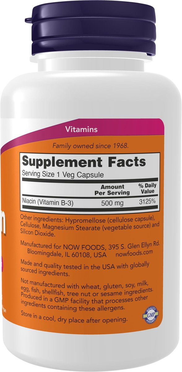 NOW Foods Niacin (Vitamin B-3) 500 mg – 100 Kapseln, essentielles B-Vitamin für Energie & Nervensystem