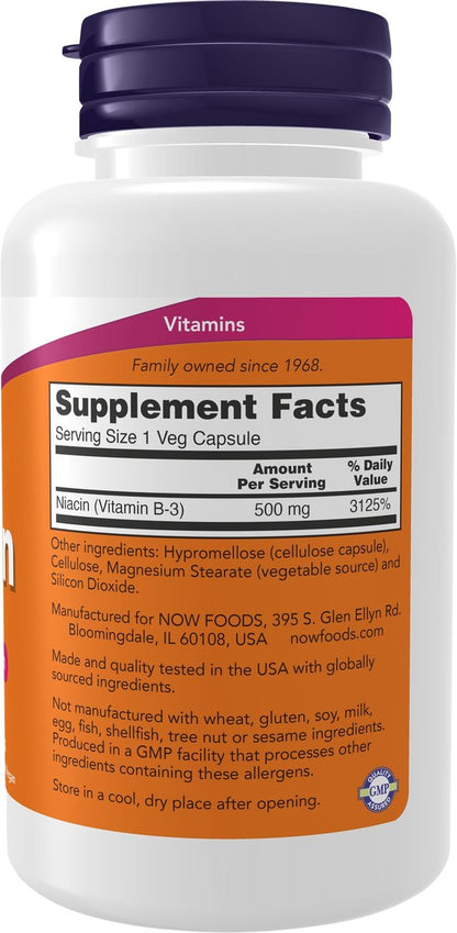 NOW Foods Niacin (Vitamin B-3) 500 mg – 100 Kapseln, essentielles B-Vitamin für Energie & Nervensystem