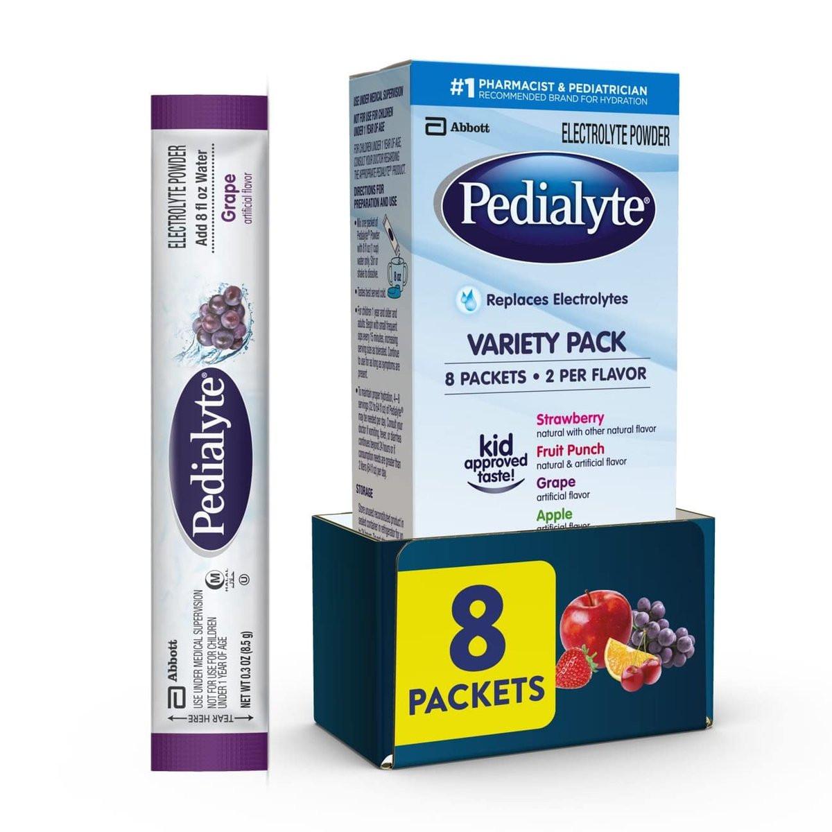 Pedialyte Elektrolyt-Pulver | Hydrationsgetränk für Kinder & Erwachsene | Sortenpaket: Traube, Erdbeer-Fruchtpunsch und Apfel, 8 Pulverbeutel