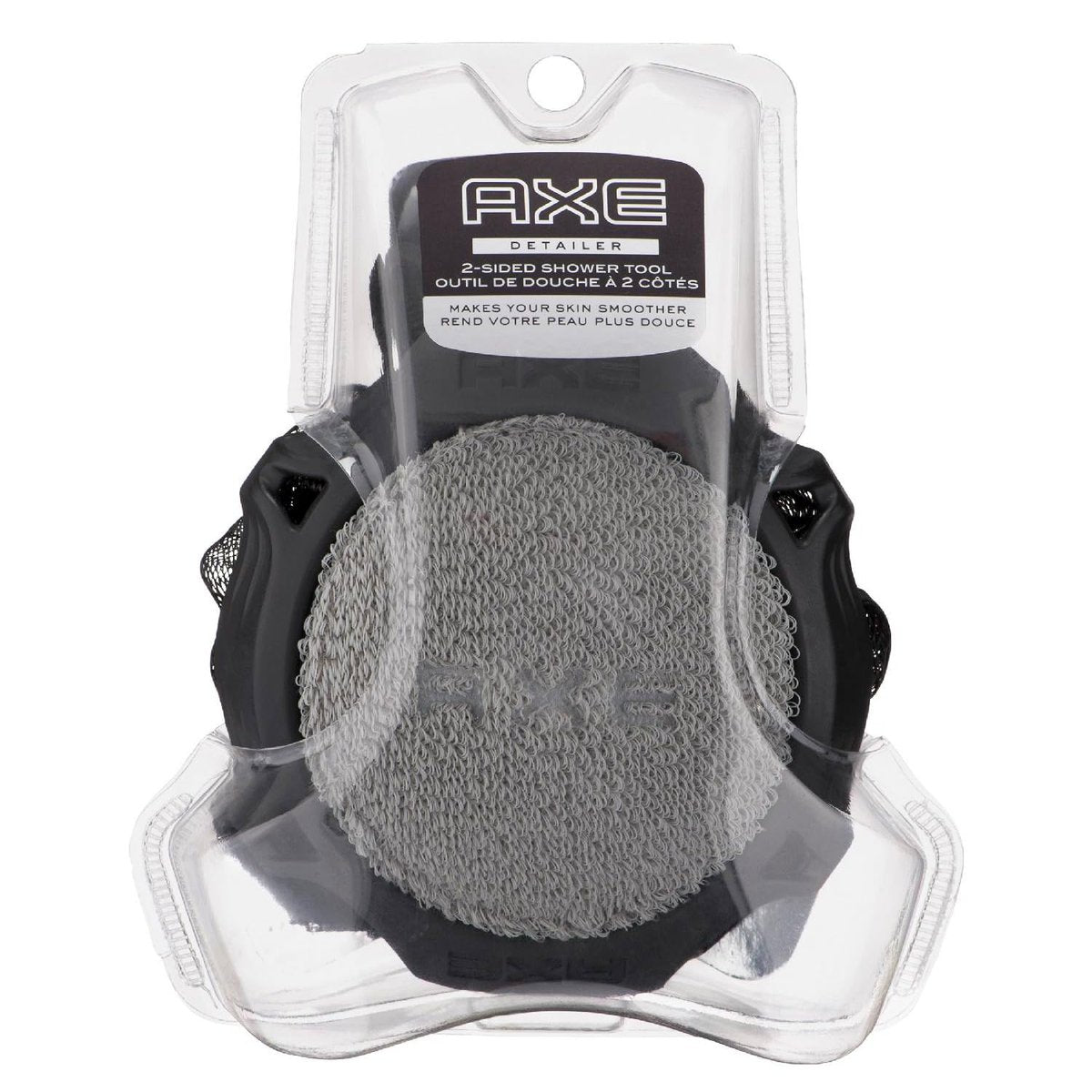 AXE Männer Duschpeeling-Werkzeug, 2-seitiger Detailer, graue Farbe, Mesh-Seite zum Aufschäumen, Peeling für trockene, raue Haut