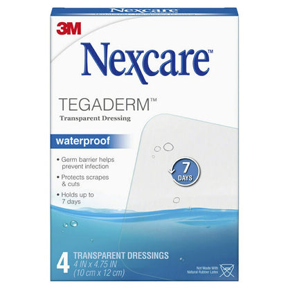 Nexcare Tegaderm Wasserdichter transparenter Verband – schmutz- und keimdicht, schützt vor kleinen Verbrennungen, Schürfwunden, Schnitten, Blasen und Abschürfungen, 10,2 x 12,1 cm, 4 Stück