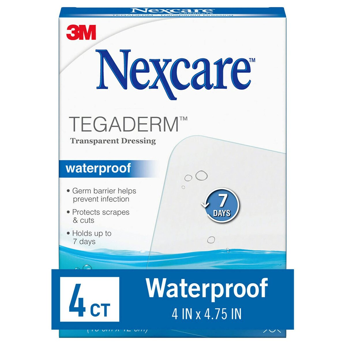 Nexcare Tegaderm Wasserdichter transparenter Verband – schmutz- und keimdicht, schützt vor kleinen Verbrennungen, Schürfwunden, Schnitten, Blasen und Abschürfungen, 10,2 x 12,1 cm, 4 Stück