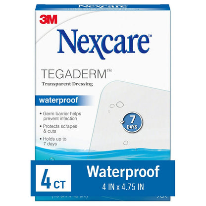 Nexcare Tegaderm Wasserdichter transparenter Verband – schmutz- und keimdicht, schützt vor kleinen Verbrennungen, Schürfwunden, Schnitten, Blasen und Abschürfungen, 10,2 x 12,1 cm, 4 Stück