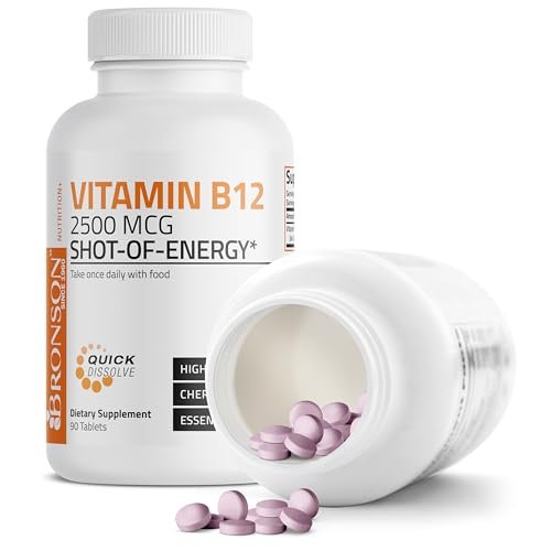 Bronson Vitamin B12 2500 mcg – Schnell lösliche Kautabletten mit Kirschgeschmack, 90 Stück – Unterstützt Nervensystem, Gehirnfunktion und Energieproduktion