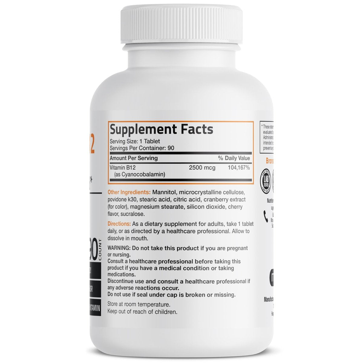 Bronson Vitamin B12 2500 mcg – Schnell lösliche Kautabletten mit Kirschgeschmack, 90 Stück – Unterstützt Nervensystem, Gehirnfunktion und Energieproduktion