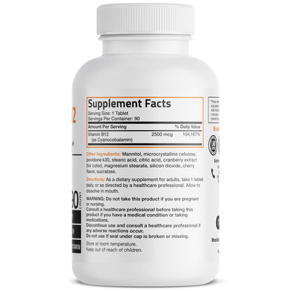 Bronson Vitamin B12 2500 mcg – Schnell lösliche Kautabletten mit Kirschgeschmack, 90 Stück – Unterstützt Nervensystem, Gehirnfunktion und Energieproduktion