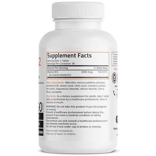 Bronson Vitamin B12 2500 mcg – Schnell lösliche Kautabletten mit Kirschgeschmack, 90 Stück – Unterstützt Nervensystem, Gehirnfunktion und Energieproduktion