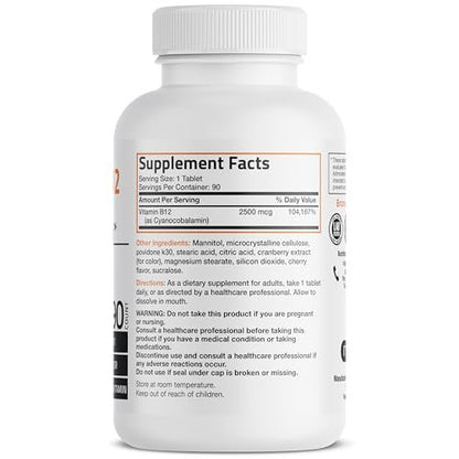 Bronson Vitamin B12 2500 mcg – Schnell lösliche Kautabletten mit Kirschgeschmack, 90 Stück – Unterstützt Nervensystem, Gehirnfunktion und Energieproduktion