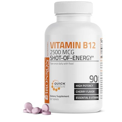 Bronson Vitamin B12 2500 mcg – Schnell lösliche Kautabletten mit Kirschgeschmack, 90 Stück – Unterstützt Nervensystem, Gehirnfunktion und Energieproduktion