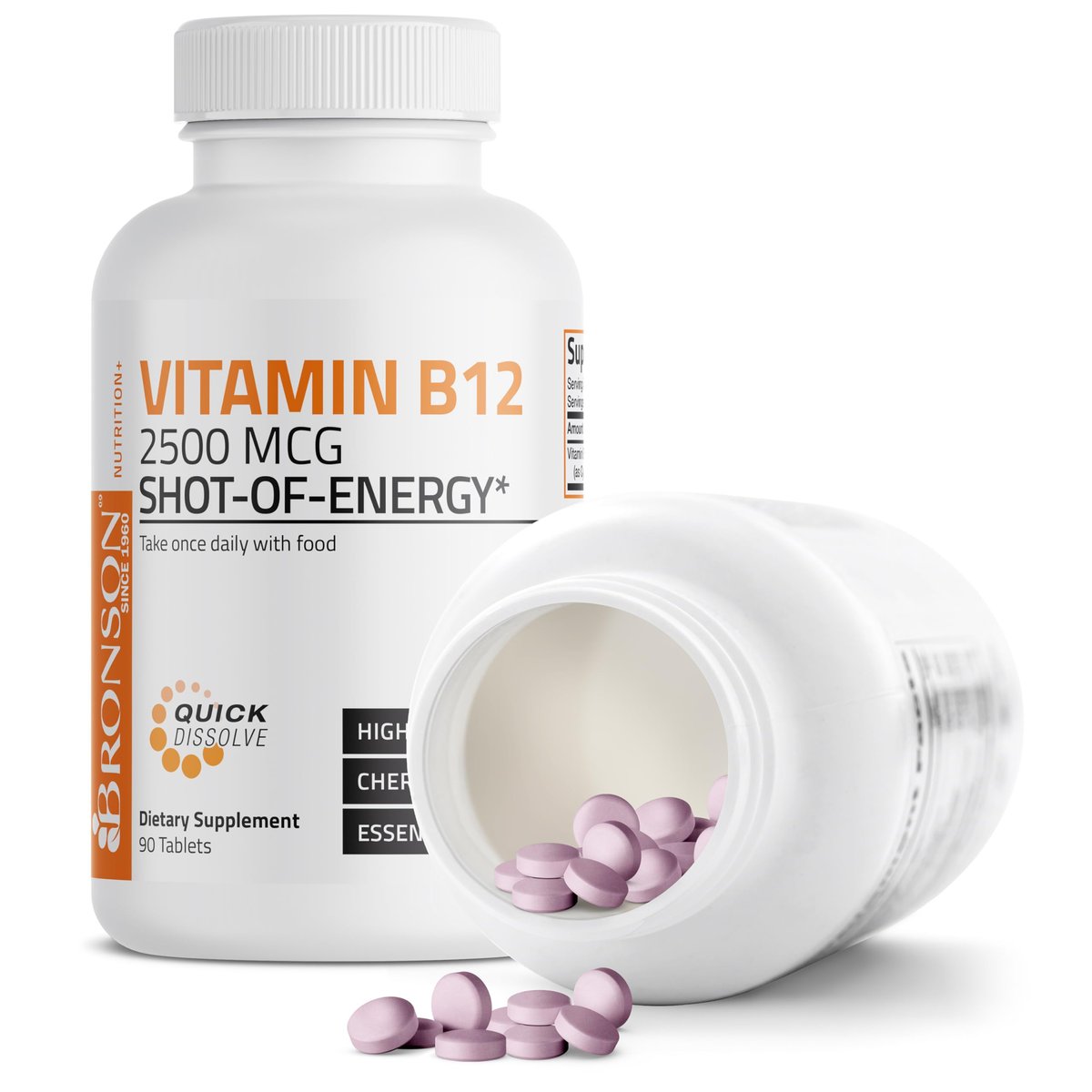 Bronson Vitamin B12 2500 mcg – Schnell lösliche Kautabletten mit Kirschgeschmack, 90 Stück – Unterstützt Nervensystem, Gehirnfunktion und Energieproduktion