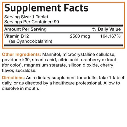 Bronson Vitamin B12 2500 mcg – Schnell lösliche Kautabletten mit Kirschgeschmack, 90 Stück – Unterstützt Nervensystem, Gehirnfunktion und Energieproduktion