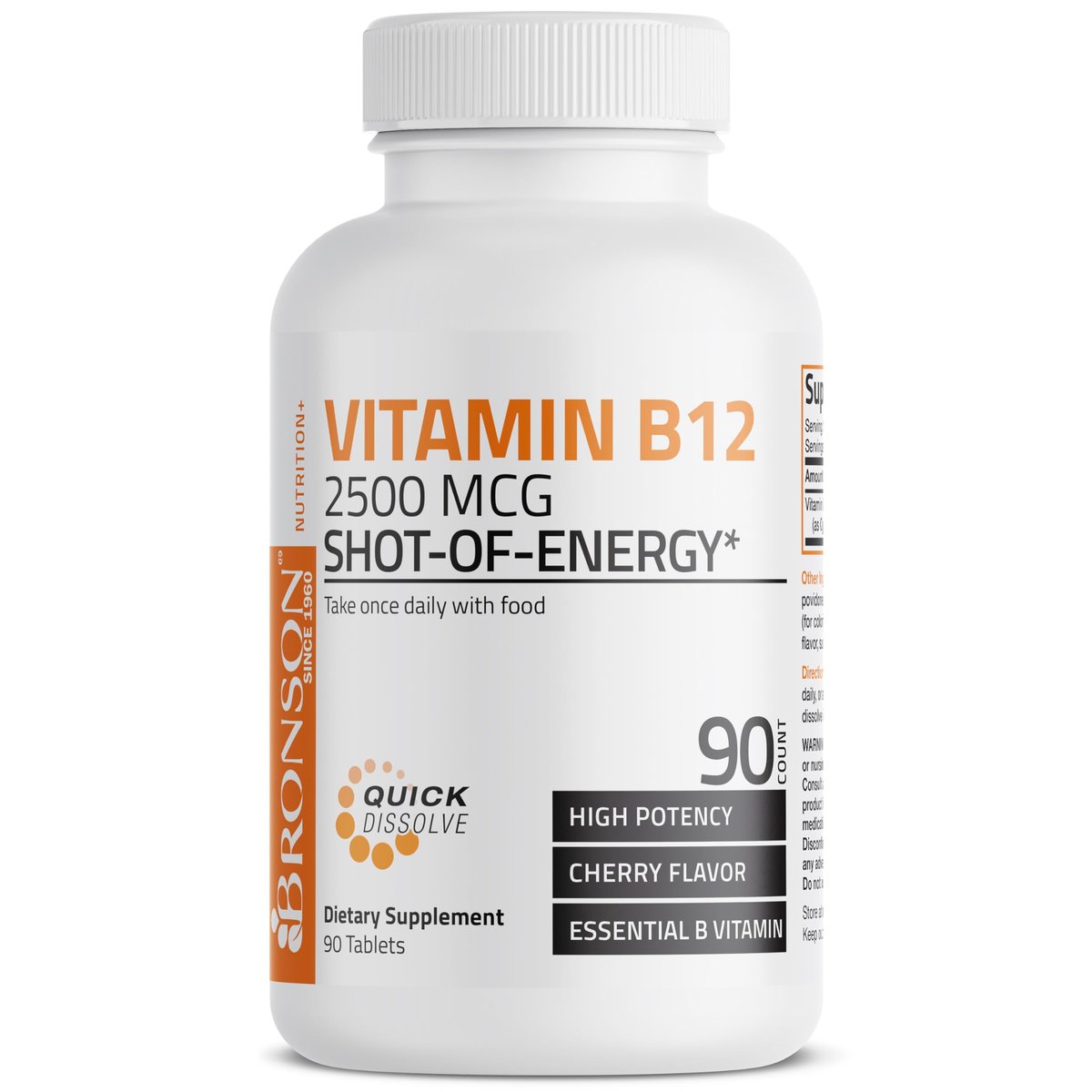 Bronson Vitamin B12 2500 mcg – Schnell lösliche Kautabletten mit Kirschgeschmack, 90 Stück – Unterstützt Nervensystem, Gehirnfunktion und Energieproduktion