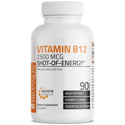 Bronson Vitamin B12 2500 mcg – Schnell lösliche Kautabletten mit Kirschgeschmack, 90 Stück – Unterstützt Nervensystem, Gehirnfunktion und Energieproduktion