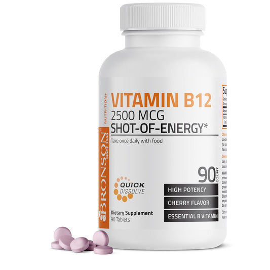 Bronson Vitamin B12 2500 mcg – Schnell lösliche Kautabletten mit Kirschgeschmack, 90 Stück – Unterstützt Nervensystem, Gehirnfunktion und Energieproduktion