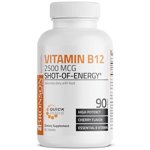 Bronson Vitamin B12 2500 mcg – Schnell lösliche Kautabletten mit Kirschgeschmack, 90 Stück – Unterstützt Nervensystem, Gehirnfunktion und Energieproduktion