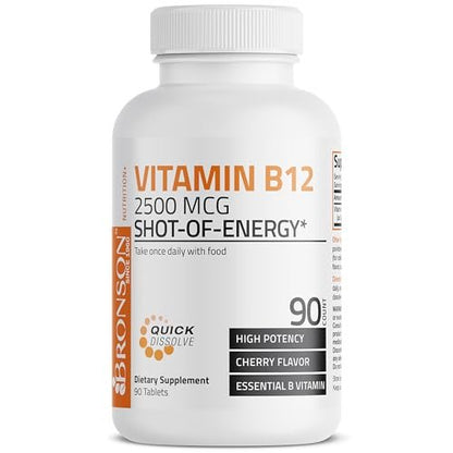 Bronson Vitamin B12 2500 mcg – Schnell lösliche Kautabletten mit Kirschgeschmack, 90 Stück – Unterstützt Nervensystem, Gehirnfunktion und Energieproduktion