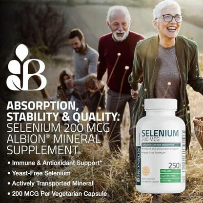 Bronson Selen 200 mcg – Hefefreier Chelat-Aminosäure-Komplex – Essentielles Spurenelement mit hervorragender Absorption, 100 vegetarische Kapseln