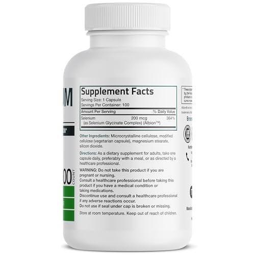 Bronson Selen 200 mcg – Hefefreier Chelat-Aminosäure-Komplex – Essentielles Spurenelement mit hervorragender Absorption, 100 vegetarische Kapseln