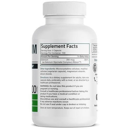 Bronson Selen 200 mcg – Hefefreier Chelat-Aminosäure-Komplex – Essentielles Spurenelement mit hervorragender Absorption, 100 vegetarische Kapseln