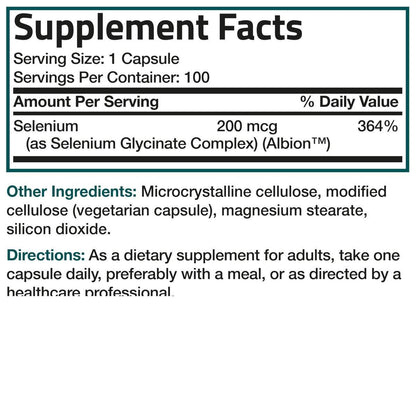 Bronson Selen 200 mcg – Hefefreier Chelat-Aminosäure-Komplex – Essentielles Spurenelement mit hervorragender Absorption, 100 vegetarische Kapseln