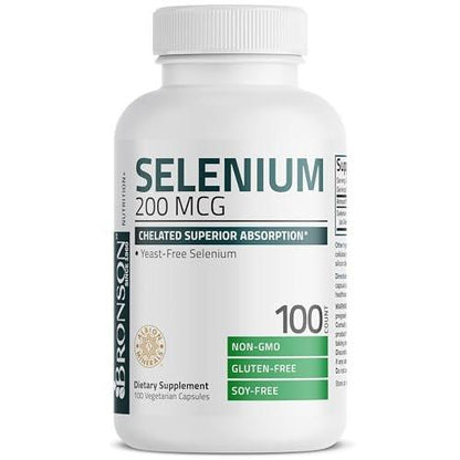 Bronson Selen 200 mcg – Hefefreier Chelat-Aminosäure-Komplex – Essentielles Spurenelement mit hervorragender Absorption, 100 vegetarische Kapseln