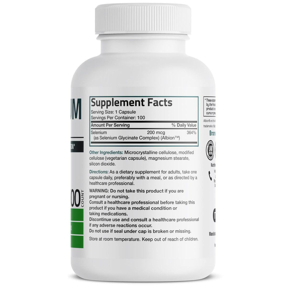 Bronson Selen 200 mcg – Hefefreier Chelat-Aminosäure-Komplex – Essentielles Spurenelement mit hervorragender Absorption, 100 vegetarische Kapseln