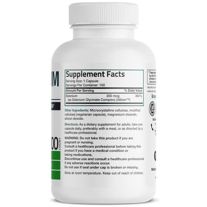Bronson Selen 200 mcg – Hefefreier Chelat-Aminosäure-Komplex – Essentielles Spurenelement mit hervorragender Absorption, 100 vegetarische Kapseln