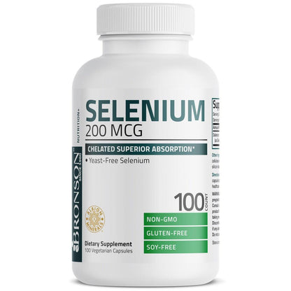 Bronson Selen 200 mcg – Hefefreier Chelat-Aminosäure-Komplex – Essentielles Spurenelement mit hervorragender Absorption, 100 vegetarische Kapseln