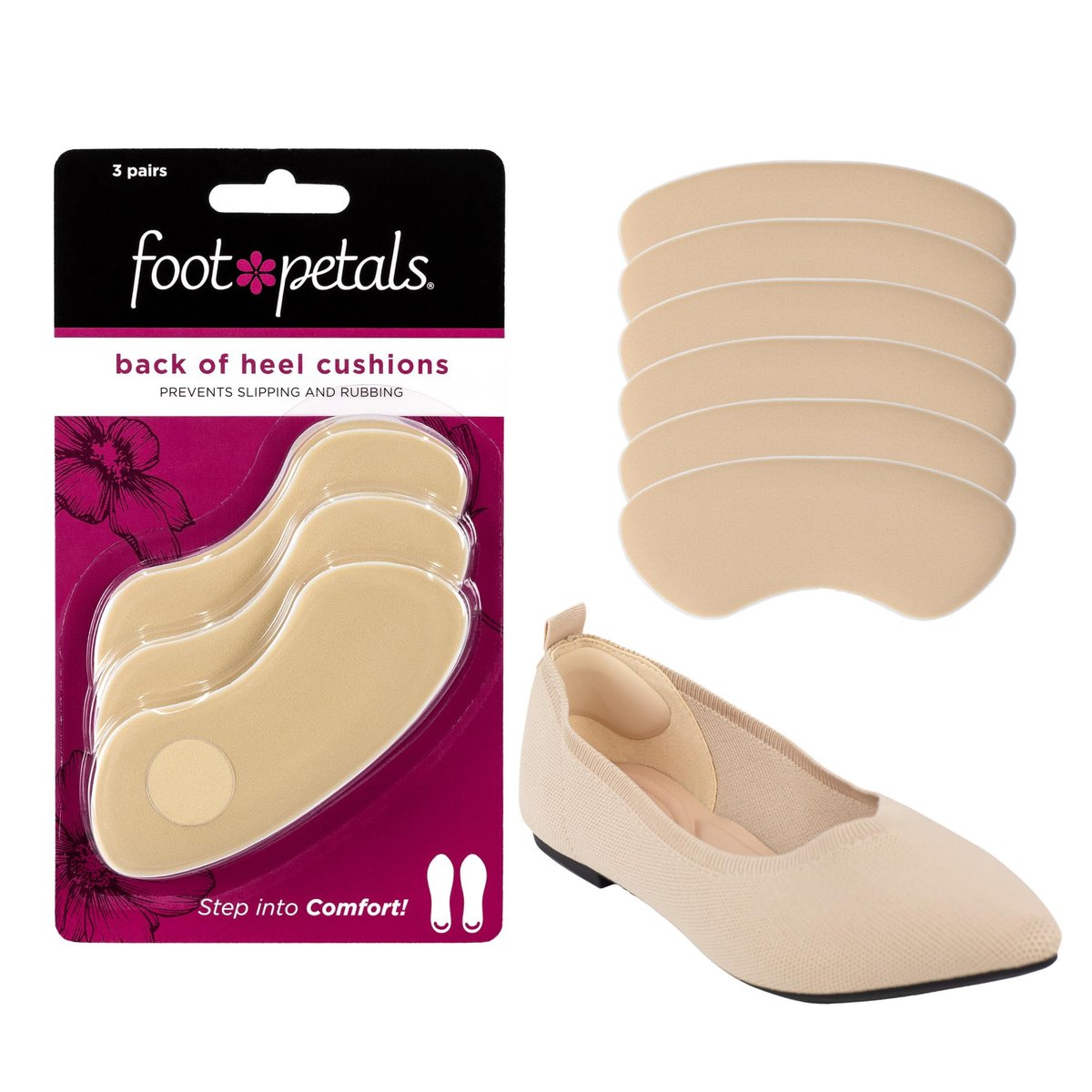 Foot Petals Damen Fersenpolster, Fersenschutz, Komfortable Fersenauflage für Schmerzlinderung und Passform, 3 Paar, Butterblume