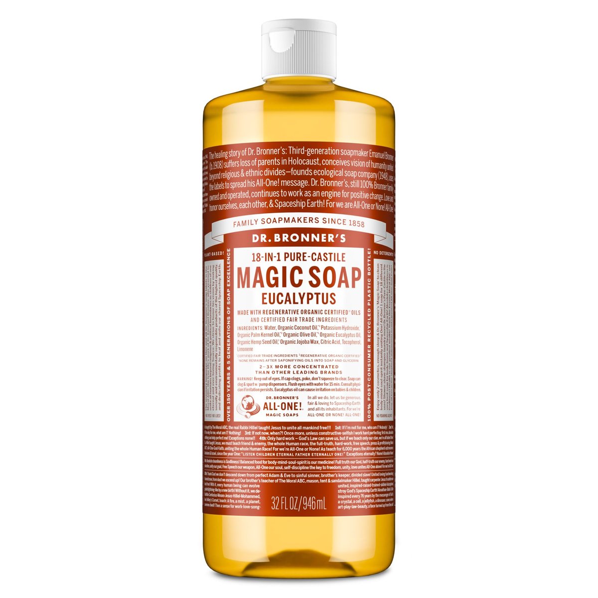 Dr. Bronner's Pure-Castile Magic Soap Flüssigseife (Eukalyptus, 946 ml) – Hergestellt mit regenerativ zertifizierten Bio-Ölen, 18-in-1 Anwendungen: Gesicht, Körper, Haare, Wäsche, Haustiere und Geschirr, konzentriert, vegan