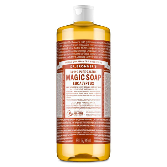 Dr. Bronner's Pure-Castile Magic Soap Flüssigseife (Eukalyptus, 946 ml) – Hergestellt mit regenerativ zertifizierten Bio-Ölen, 18-in-1 Anwendungen: Gesicht, Körper, Haare, Wäsche, Haustiere und Geschirr, konzentriert, vegan
