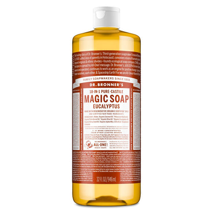 Dr. Bronner's Pure-Castile Magic Soap Flüssigseife (Eukalyptus, 946 ml) – Hergestellt mit regenerativ zertifizierten Bio-Ölen, 18-in-1 Anwendungen: Gesicht, Körper, Haare, Wäsche, Haustiere und Geschirr, konzentriert, vegan