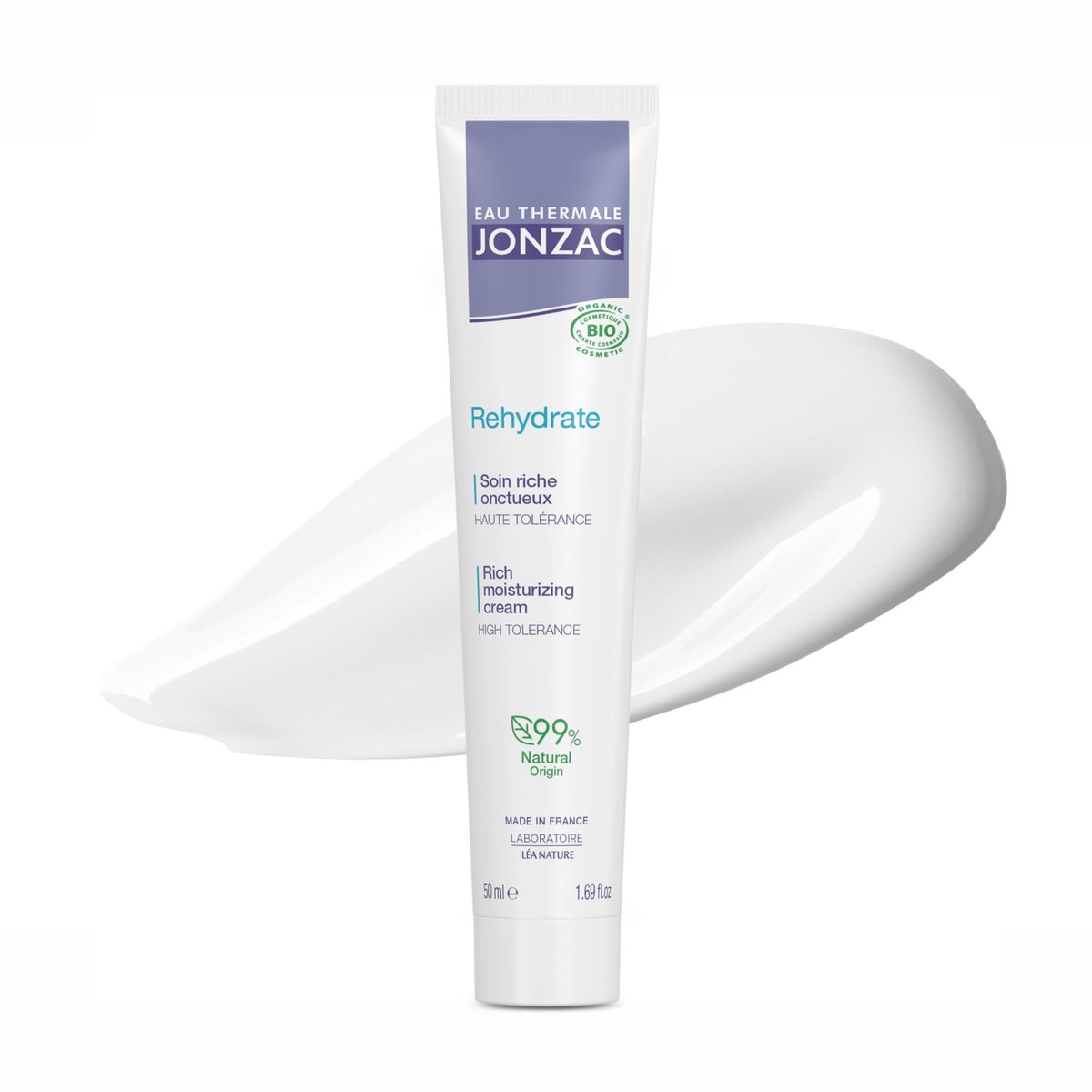 JONZAC Eau Thermale Rehydrate Organic Feuchtigkeitscreme für empfindliche Haut – Intensive 24-Stunden-Feuchtigkeitspflege mit Sheabutter & Hyaluronsäure, 50 ml