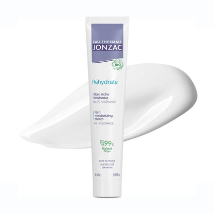JONZAC Eau Thermale Rehydrate Organic Feuchtigkeitscreme für empfindliche Haut – Intensive 24-Stunden-Feuchtigkeitspflege mit Sheabutter & Hyaluronsäure, 50 ml