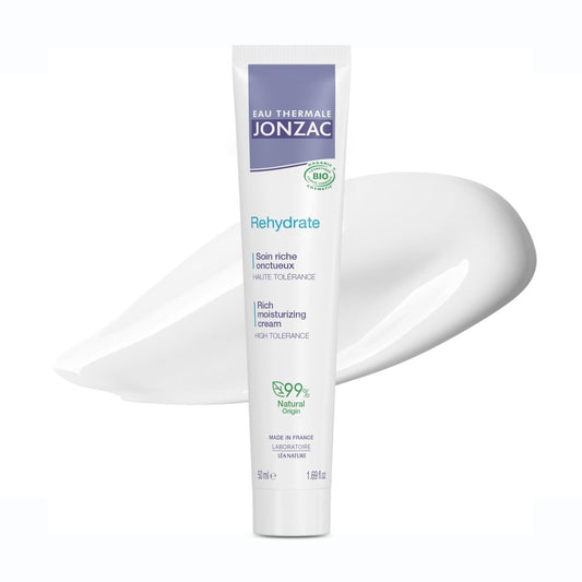 JONZAC Eau Thermale Rehydrate Organic Feuchtigkeitscreme für empfindliche Haut – Intensive 24-Stunden-Feuchtigkeitspflege mit Sheabutter & Hyaluronsäure, 50 ml