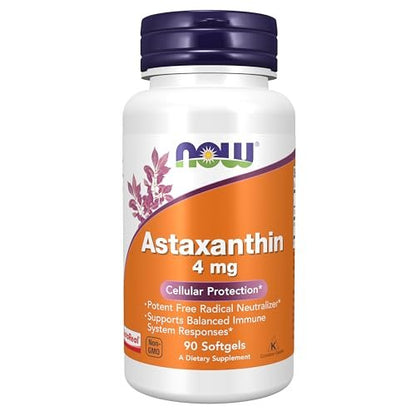 NOW Foods Astaxanthin 4 mg – 90 Weichkapseln – Aus Nicht-GMO Haematococcus Pluvialis Mikroalgen mit Natürlichem Lutein, Canthaxanthin und Beta-Carotin