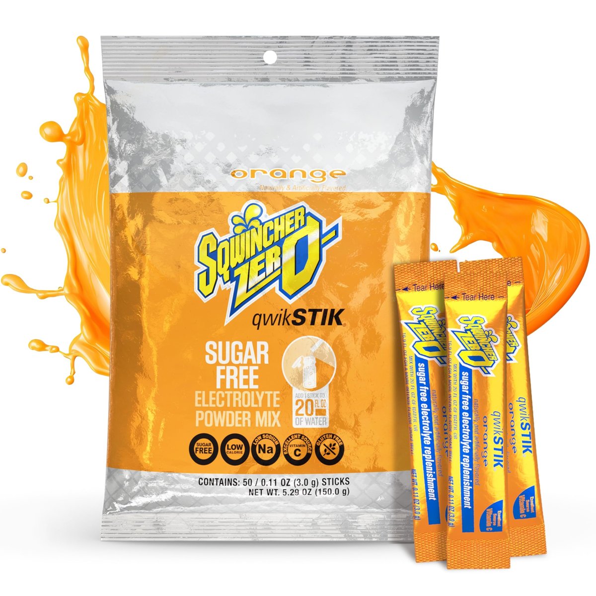 Sqwincher Zero Qwik Stik Orange – Zuckerfreies Elektrolyt-Pulver, 50 Portionen à 0,11 oz