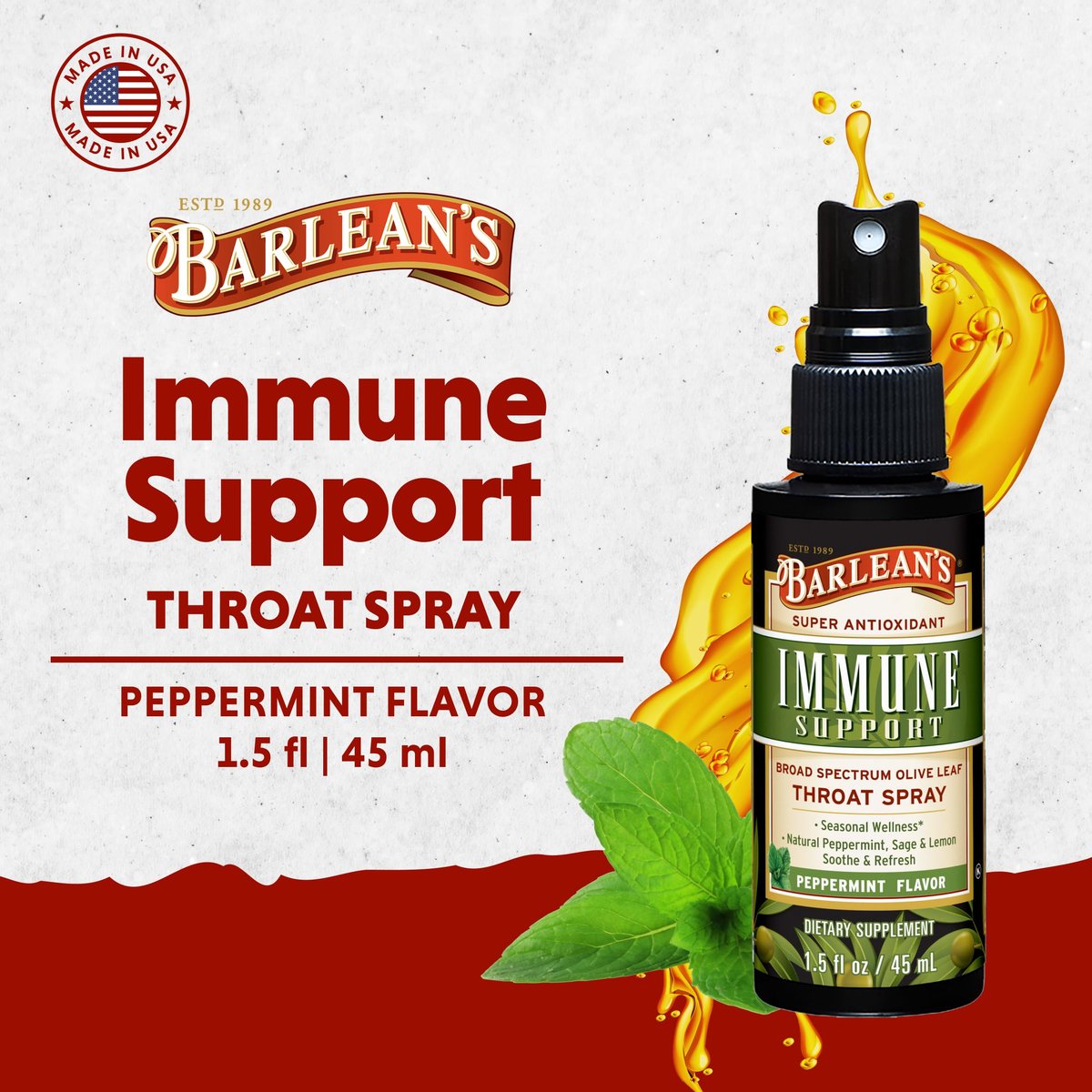 Barlean's Olivenblatt-Komplex Throat Spray – Immununterstützung mit Pfefferminze, Zitrone und Salbei bei Halskratzen, flüssiger Extrakt, 44 ml