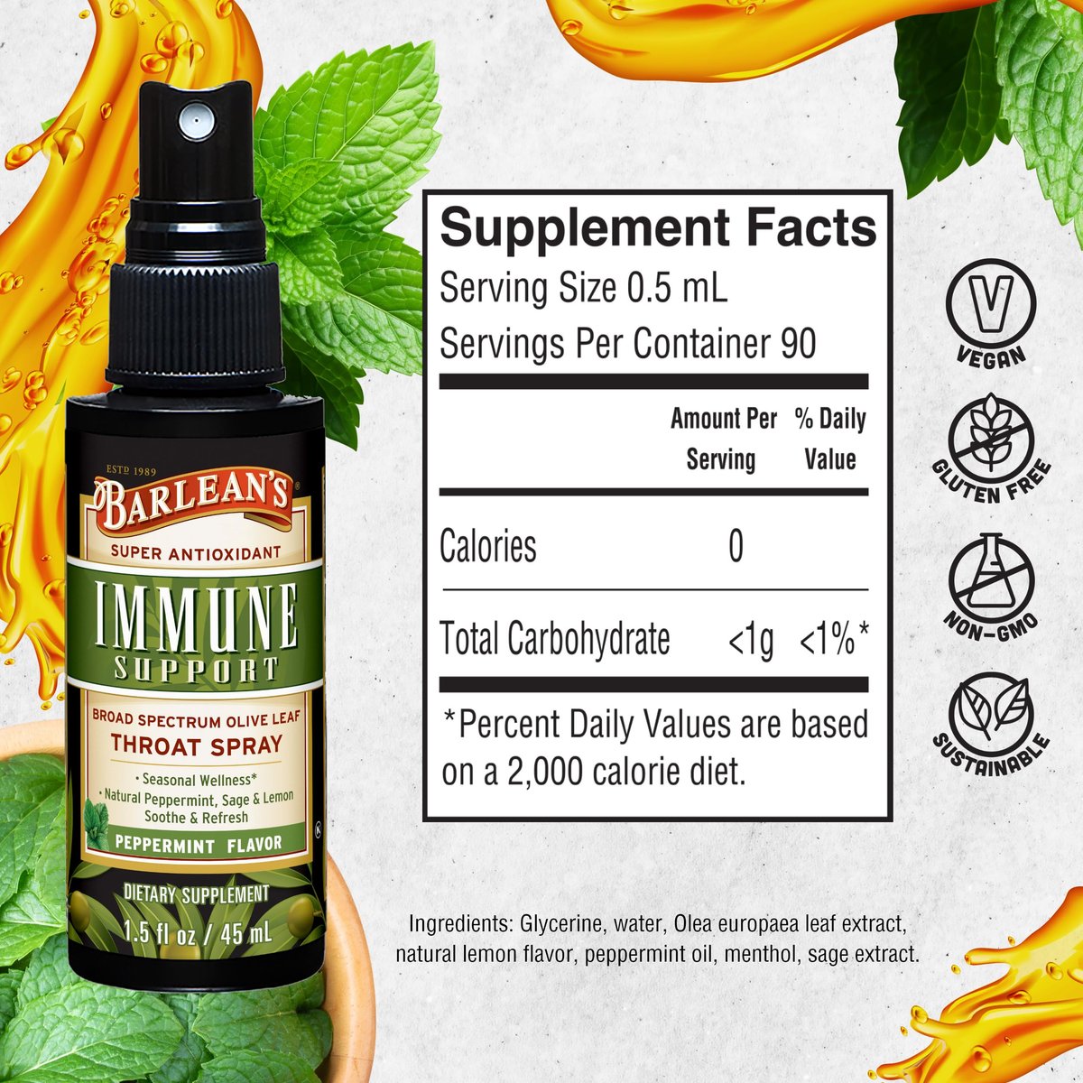 Barlean's Olivenblatt-Komplex Throat Spray – Immununterstützung mit Pfefferminze, Zitrone und Salbei bei Halskratzen, flüssiger Extrakt, 44 ml