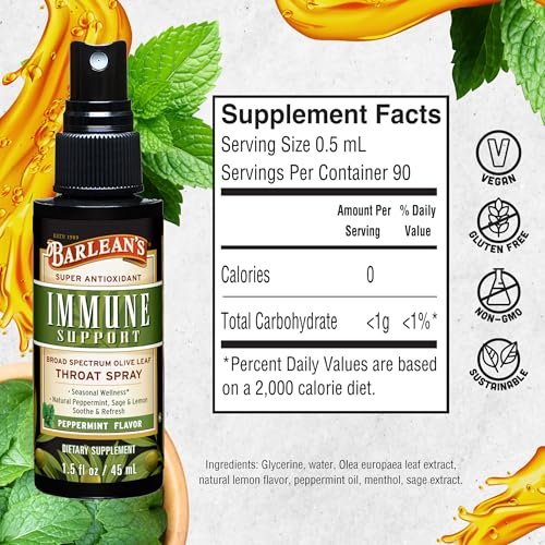 Barlean's Olivenblatt-Komplex Throat Spray – Immununterstützung mit Pfefferminze, Zitrone und Salbei bei Halskratzen, flüssiger Extrakt, 44 ml