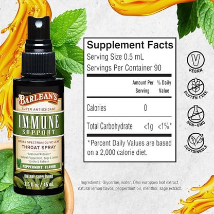 Barlean's Olivenblatt-Komplex Throat Spray – Immununterstützung mit Pfefferminze, Zitrone und Salbei bei Halskratzen, flüssiger Extrakt, 44 ml
