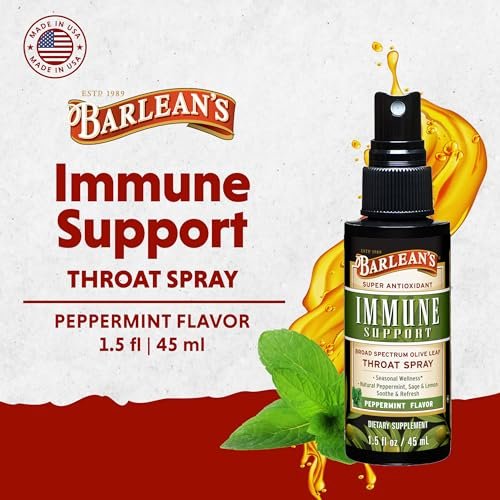 Barlean's Olivenblatt-Komplex Throat Spray – Immununterstützung mit Pfefferminze, Zitrone und Salbei bei Halskratzen, flüssiger Extrakt, 44 ml