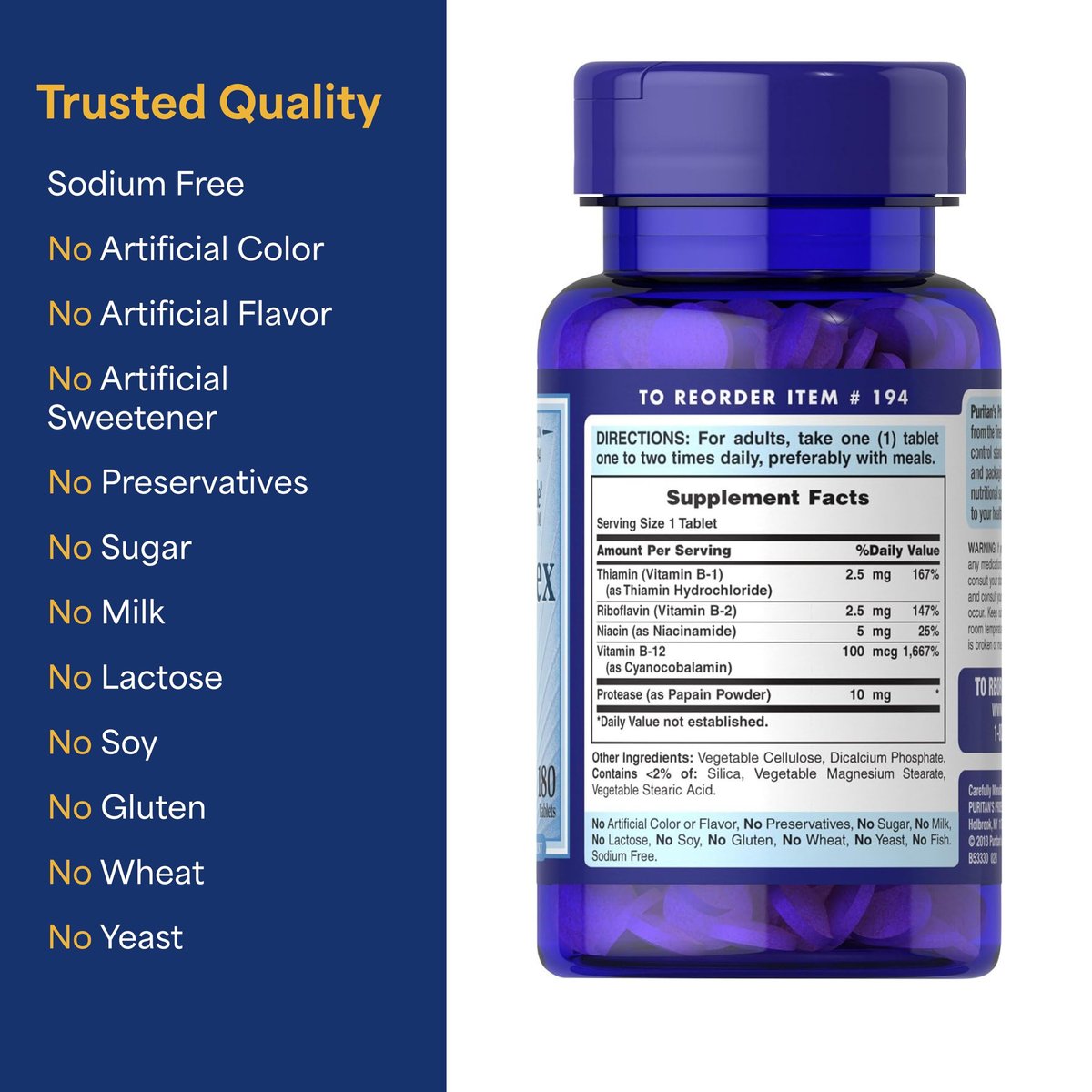 Puritan's Pride Premium Vitamin B-Komplex mit B-12 – 180 Tabletten – Vegetarisches Nahrungsergänzungsmittel für Energieproduktion, Haut- und Nervengesundheit
