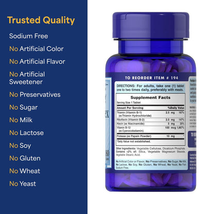 Puritan's Pride Premium Vitamin B-Komplex mit B-12 – 180 Tabletten – Vegetarisches Nahrungsergänzungsmittel für Energieproduktion, Haut- und Nervengesundheit