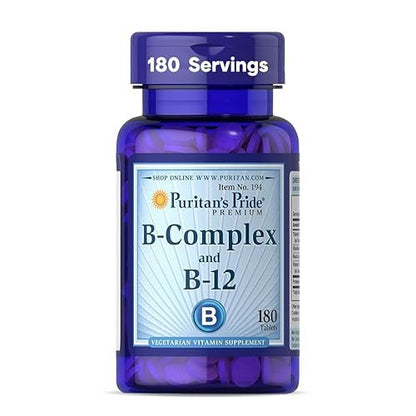 Puritan's Pride Premium Vitamin B-Komplex mit B-12 – 180 Tabletten – Vegetarisches Nahrungsergänzungsmittel für Energieproduktion, Haut- und Nervengesundheit