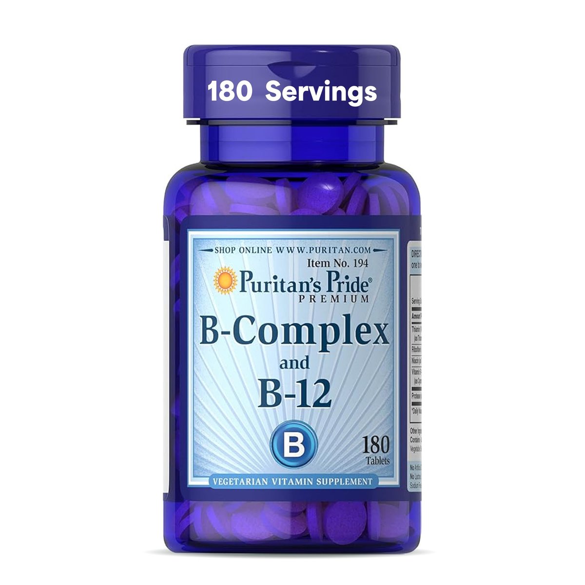 Puritan's Pride Premium Vitamin B-Komplex mit B-12 – 180 Tabletten – Vegetarisches Nahrungsergänzungsmittel für Energieproduktion, Haut- und Nervengesundheit