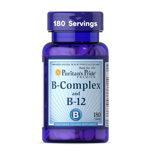 Puritan's Pride Premium Vitamin B-Komplex mit B-12 – 180 Tabletten – Vegetarisches Nahrungsergänzungsmittel für Energieproduktion, Haut- und Nervengesundheit