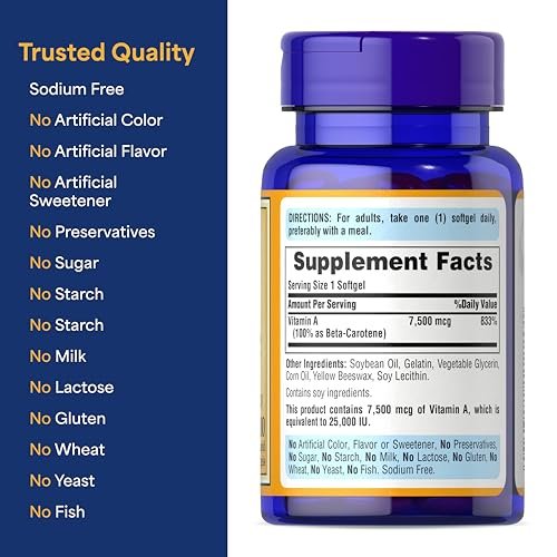 Puritan's Pride Beta-Carotin Provitamin A 7.500 mcg (25.000 IE) – 100 Kapseln zur Unterstützung des Immunsystems, der Augengesundheit und als Antioxidans