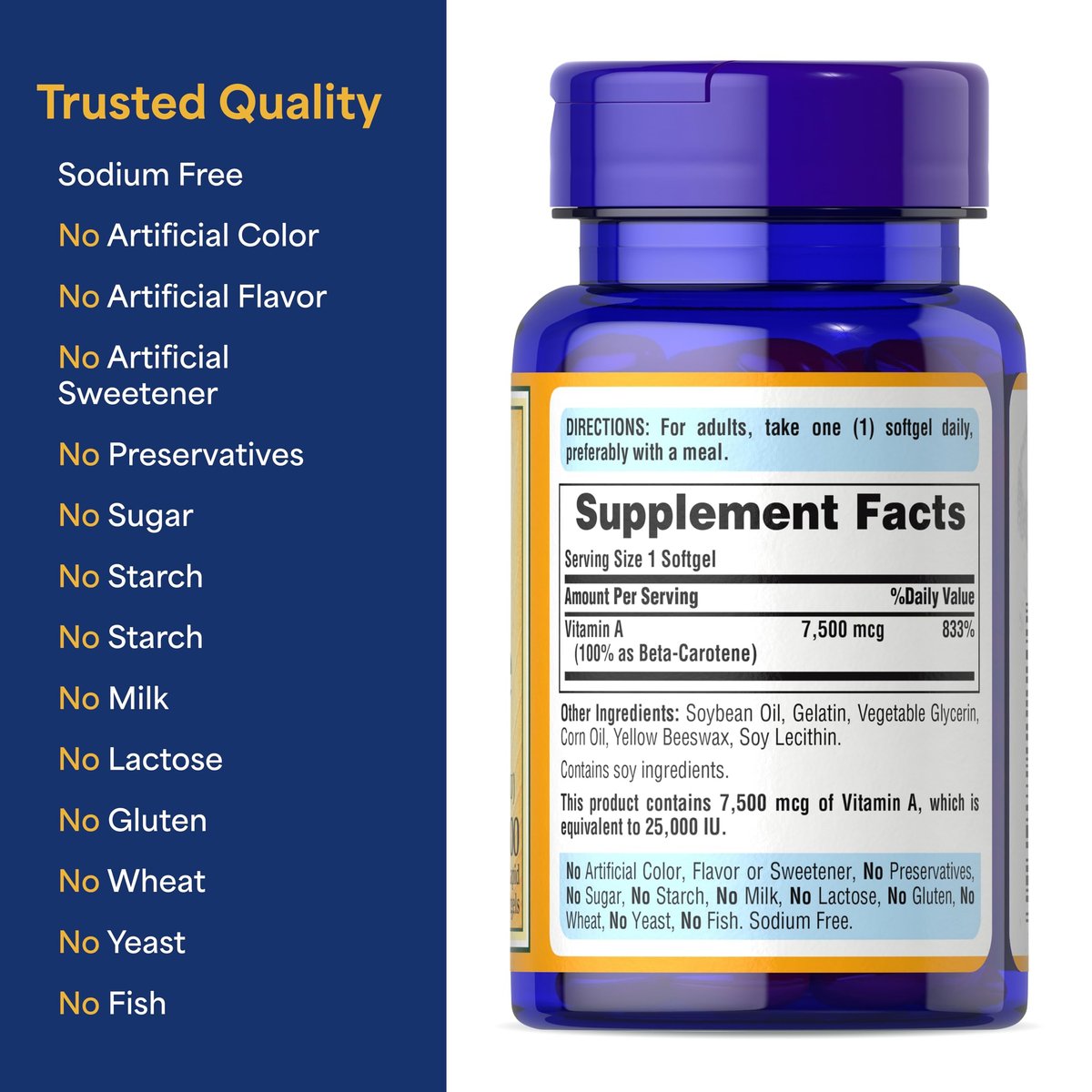 Puritan's Pride Beta-Carotin Provitamin A 7.500 mcg (25.000 IE) – 100 Kapseln zur Unterstützung des Immunsystems, der Augengesundheit und als Antioxidans